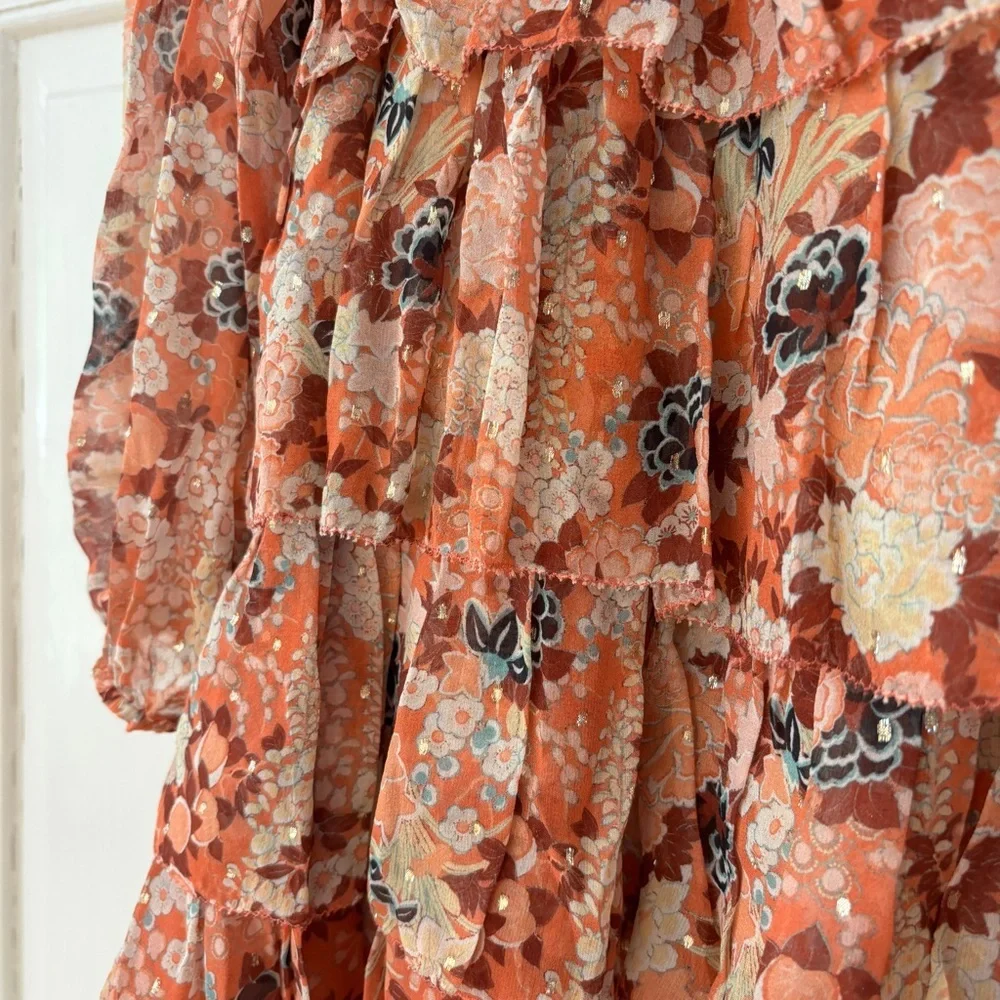 Ulla‎ Johnson Tamara Dress Silk Mini Metallic Floral Print Coral Size 2 Tiered